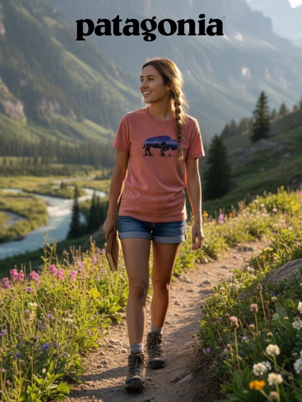 Patagonia Buffalo Graphic T-Shirt Organic Cotton XS Salmon Pink Outdoor Tee